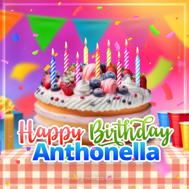 Happy Birthday Anthonella Colorful Image with fruit cake and candles (square shape image)