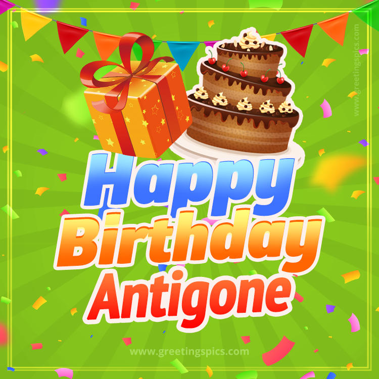 Happy Birthday Antigone picture with flags, chocolate cake and gift box (square shape image)