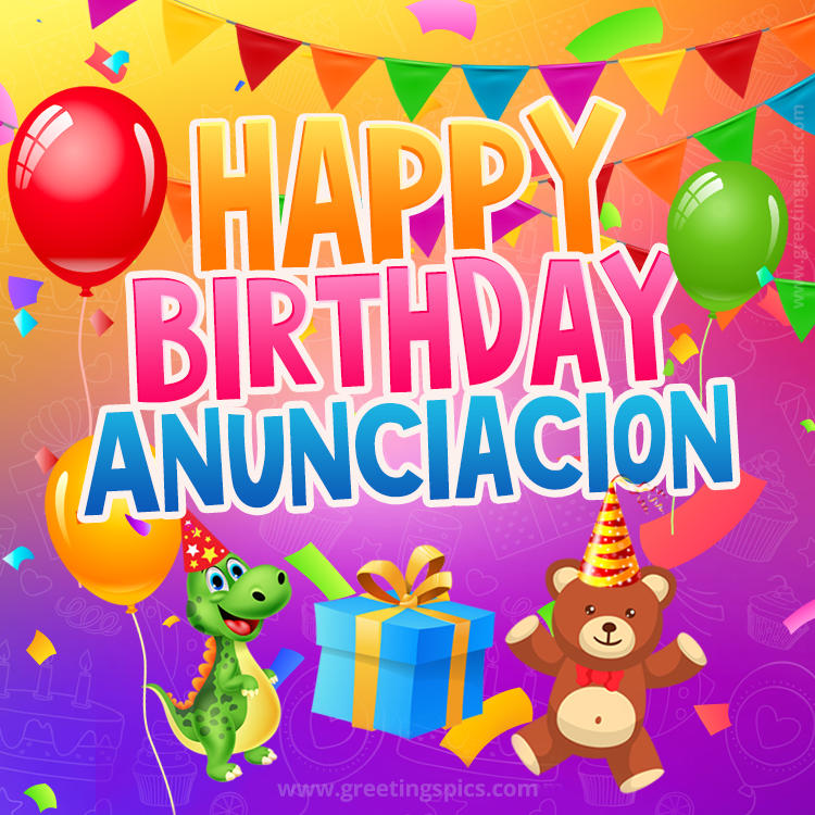 Happy Birthday Anunciacion Image for a child with cute dinosaur and bear (square shape image)