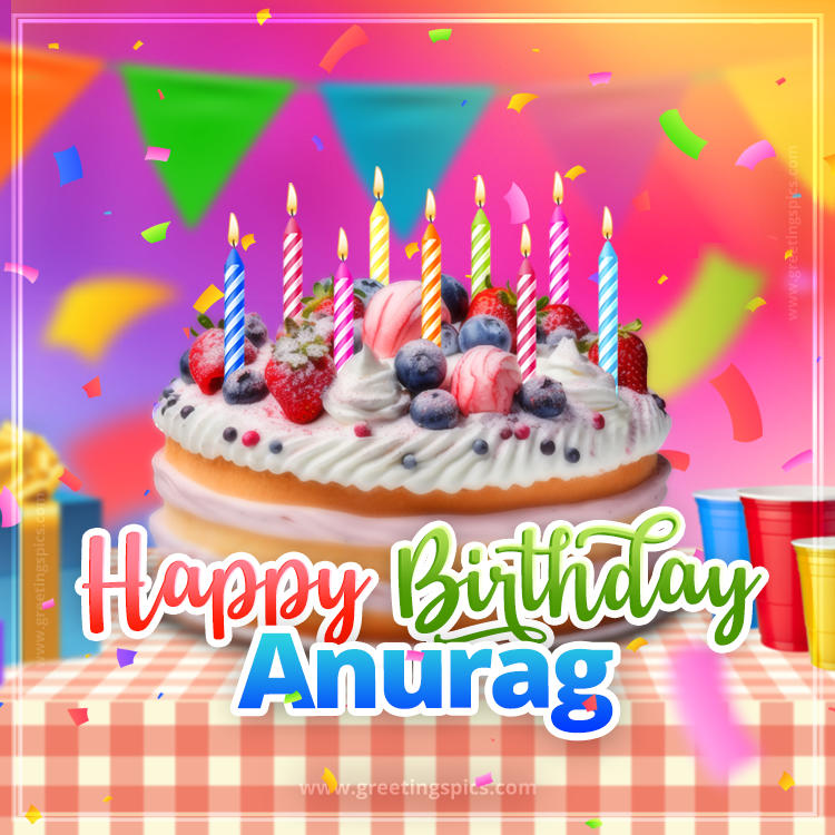 Happy Birthday Anurag Colorful Image with fruit cake and candles (square shape image)