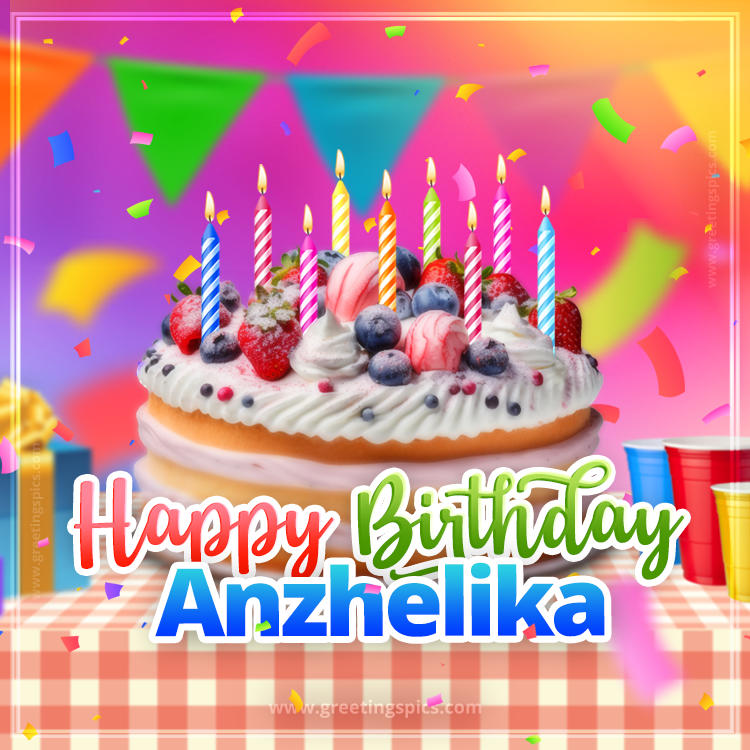 Happy Birthday Anzhelika Colorful Image with fruit cake and candles (square shape image)