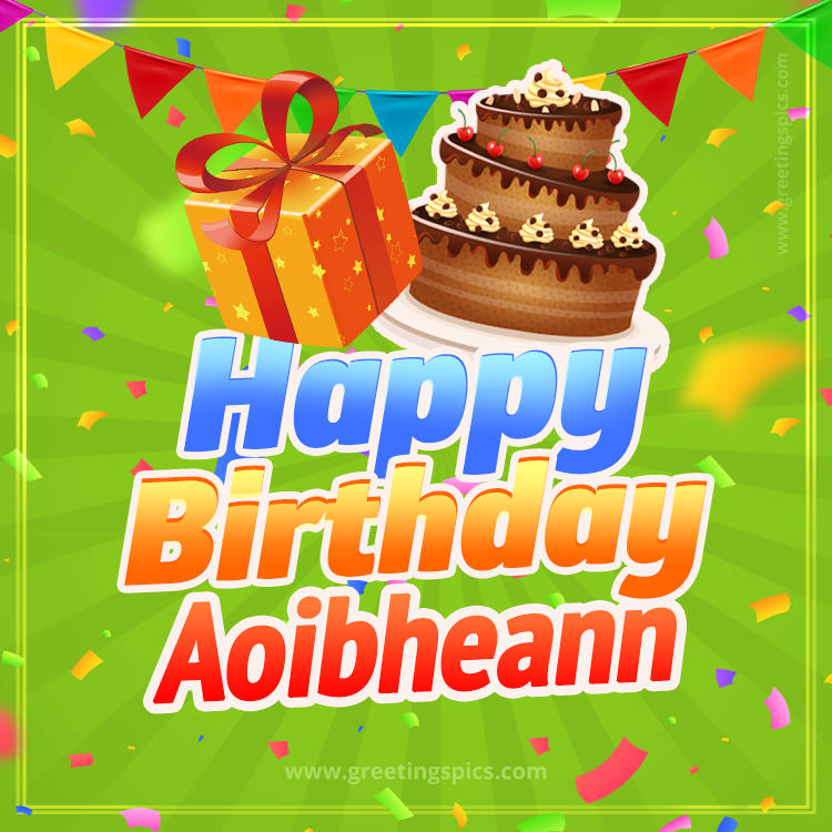 Happy Birthday Aoibheann picture with flags, chocolate cake and gift box (square shape image)