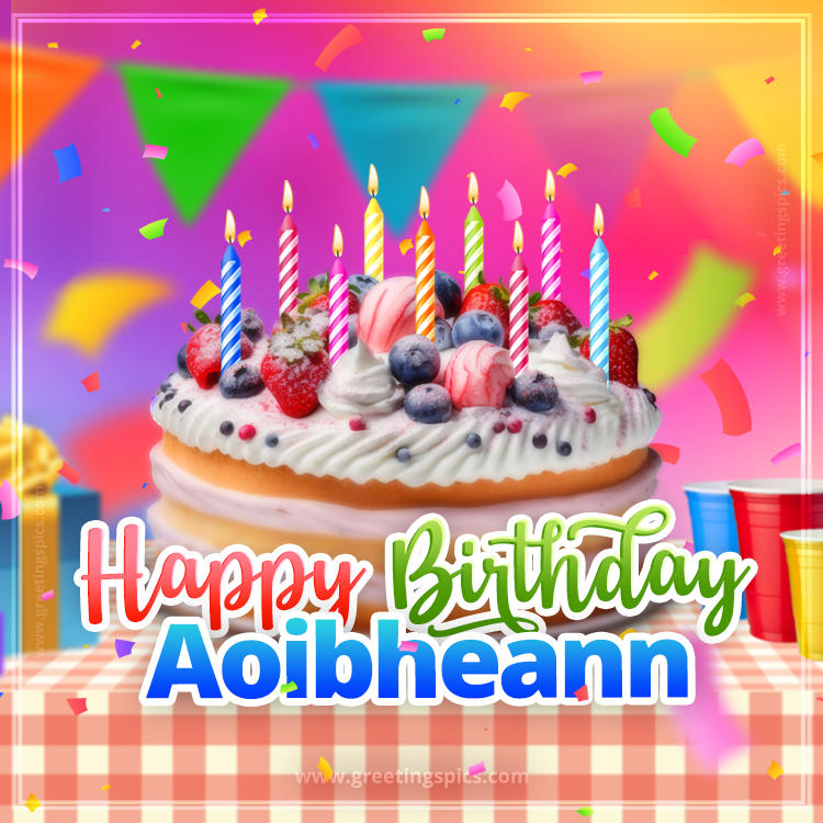 Happy Birthday Aoibheann Colorful Image with fruit cake and candles (square shape image)