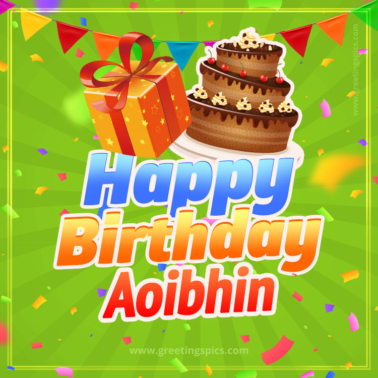 Happy Birthday Aoibhin picture with flags, chocolate cake and gift box (square shape image)