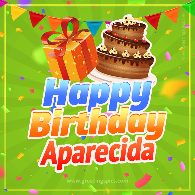 Happy Birthday Aparecida picture with flags, chocolate cake and gift box (square shape image)