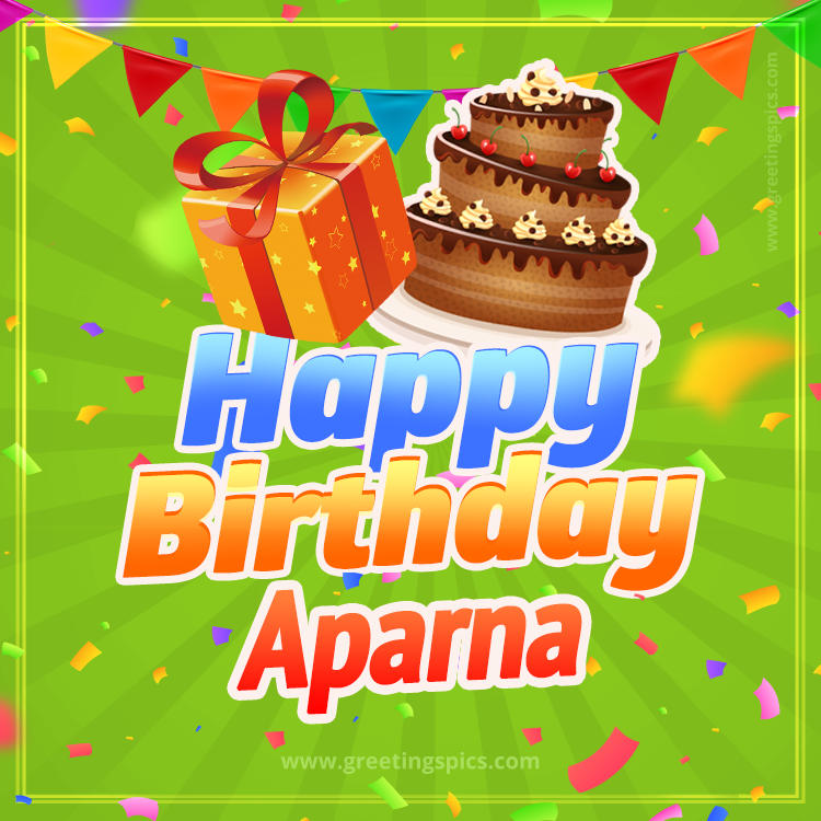 Happy Birthday Aparna picture with flags, chocolate cake and gift box (square shape image)