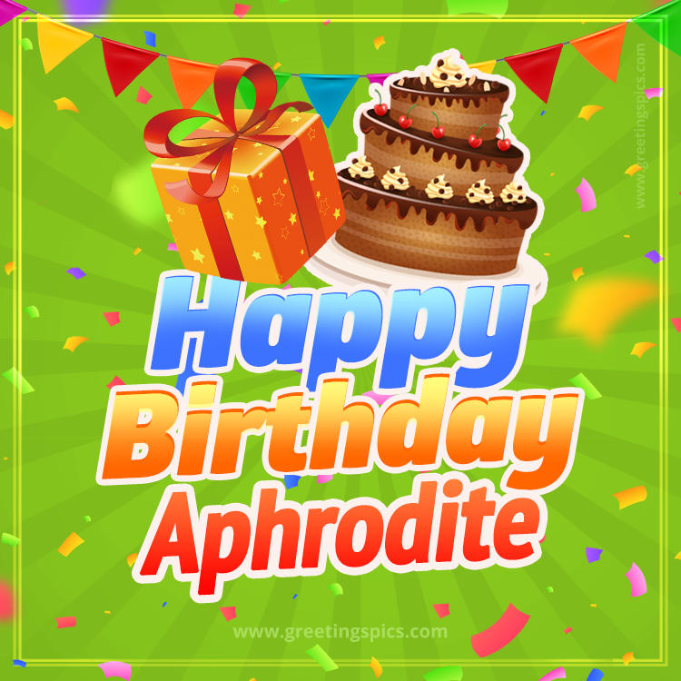 Happy Birthday Aphrodite picture with flags, chocolate cake and gift box (square shape image)