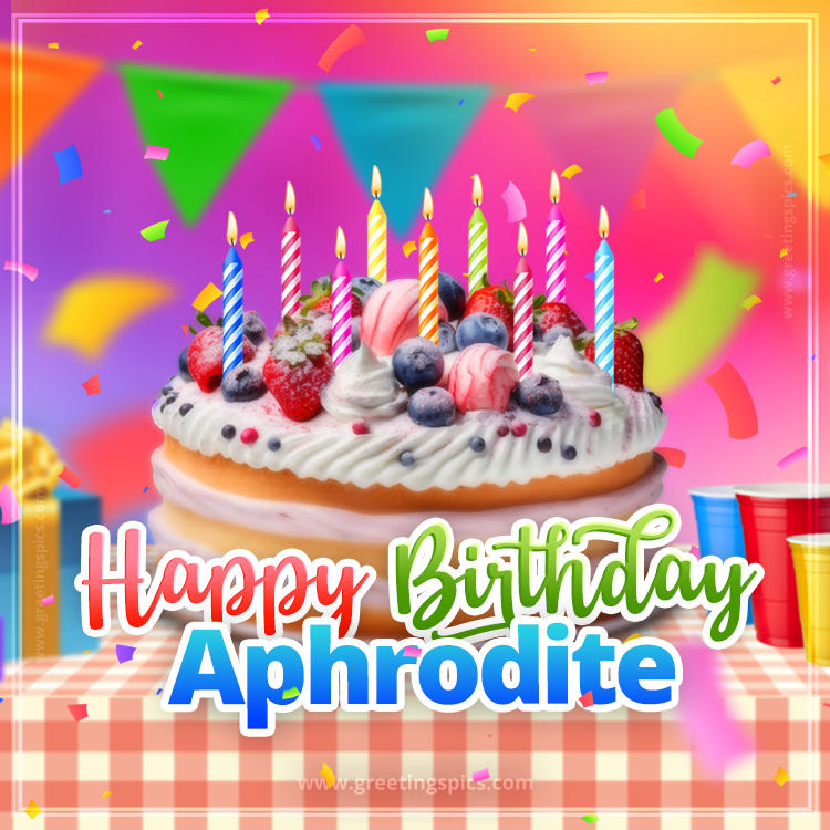 Happy Birthday Aphrodite Colorful Image with fruit cake and candles (square shape image)