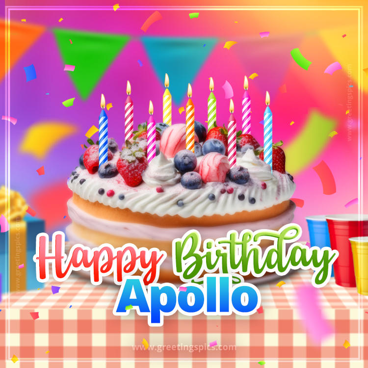 Happy Birthday Apollo Colorful Image with fruit cake and candles (square shape image)