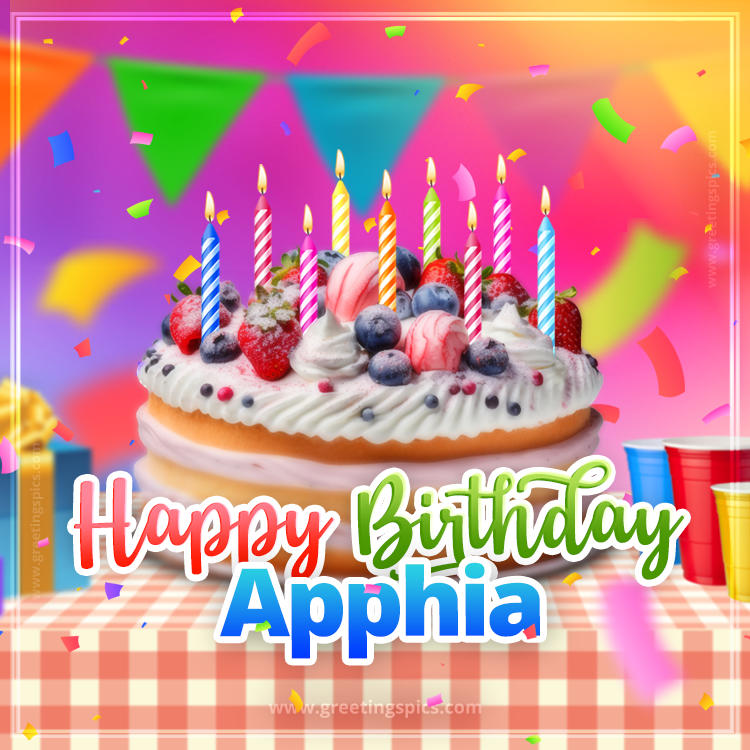 Happy Birthday Apphia Colorful Image with fruit cake and candles (square shape image)