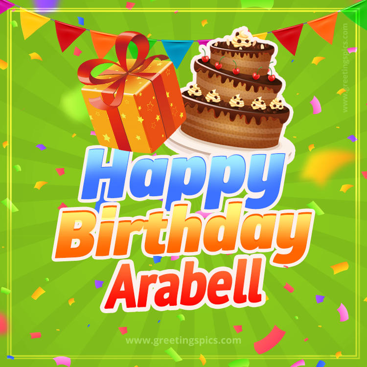 Happy Birthday Arabell picture with flags, chocolate cake and gift box (square shape image)