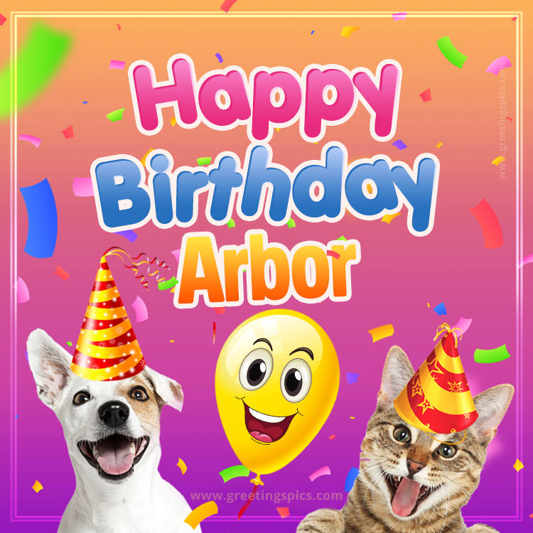 Happy Birthday Arbor Funny Image with cat and dog (square shape image)