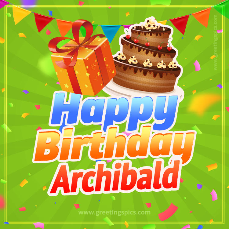 Happy Birthday Archibald picture with flags, chocolate cake and gift box (square shape image)