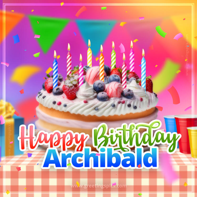 Happy Birthday Archibald Colorful Image with fruit cake and candles (square shape image)