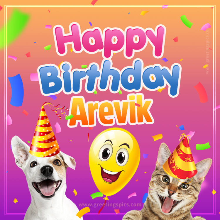 Happy Birthday Arevik Funny Image with cat and dog (square shape image)