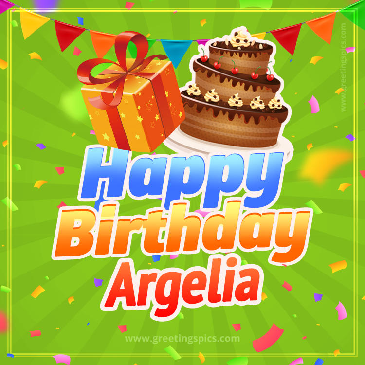 Happy Birthday Argelia picture with flags, chocolate cake and gift box (square shape image)