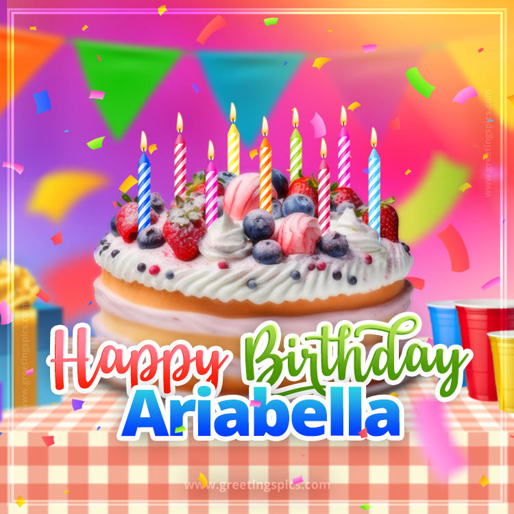 Happy Birthday Ariabella Colorful Image with fruit cake and candles (square shape image)