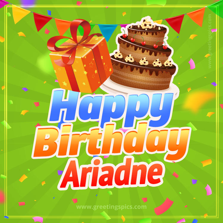 Happy Birthday Ariadne picture with flags, chocolate cake and gift box (square shape image)