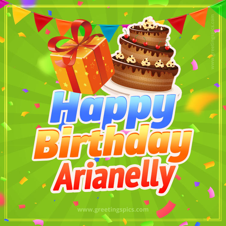 Happy Birthday Arianelly picture with flags, chocolate cake and gift box (square shape image)