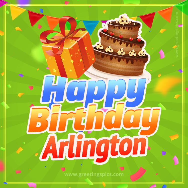 Happy Birthday Arlington picture with flags, chocolate cake and gift box (square shape image)