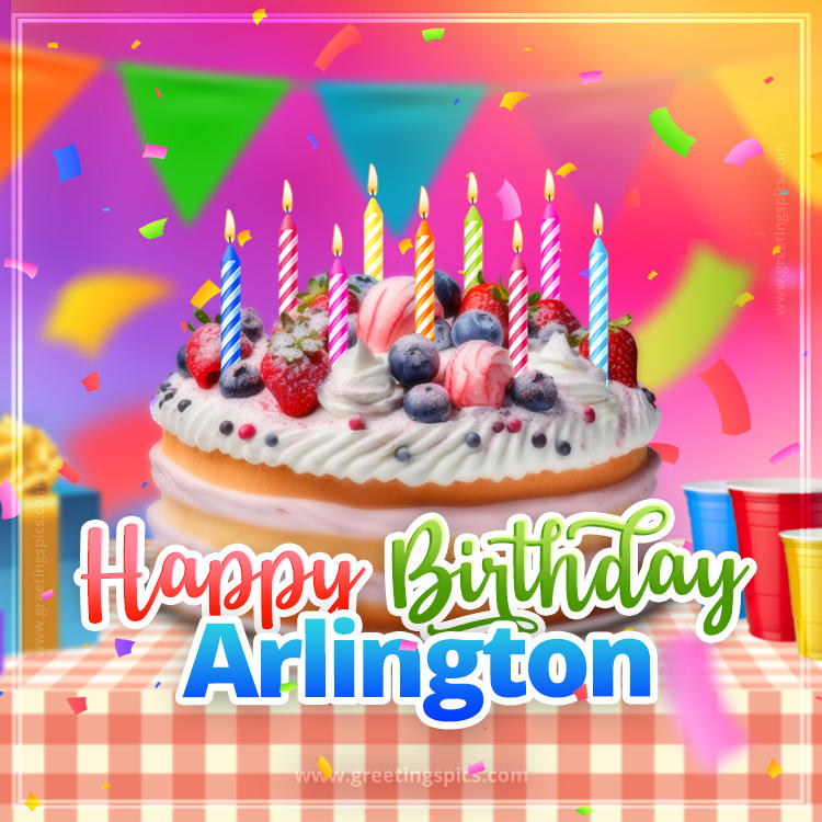 Happy Birthday Arlington Colorful Image with fruit cake and candles (square shape image)