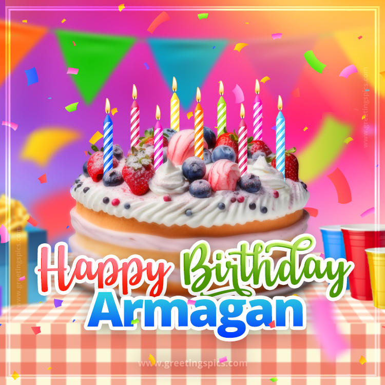 Happy Birthday Armagan Colorful Image with fruit cake and candles (square shape image)