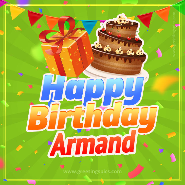 Happy Birthday Armand picture with flags, chocolate cake and gift box (square shape image)