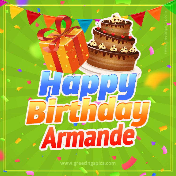 Happy Birthday Armande picture with flags, chocolate cake and gift box (square shape image)