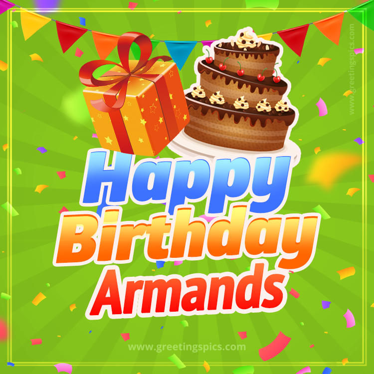 Happy Birthday Armands picture with flags, chocolate cake and gift box (square shape image)