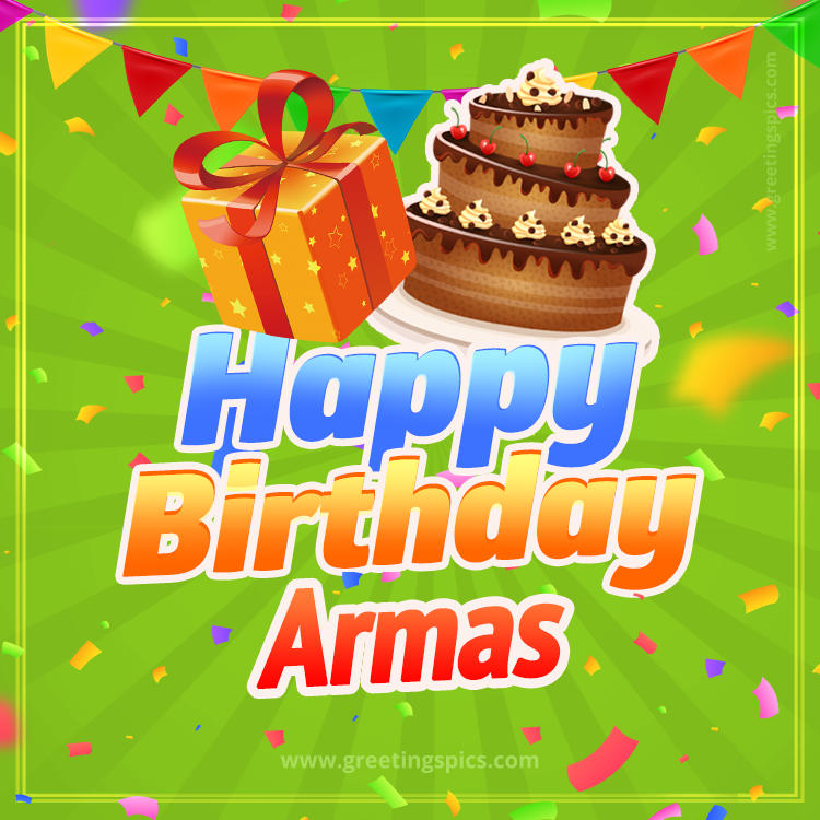 Happy Birthday Armas picture with flags, chocolate cake and gift box (square shape image)