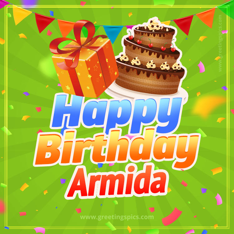 Happy Birthday Armida picture with flags, chocolate cake and gift box (square shape image)