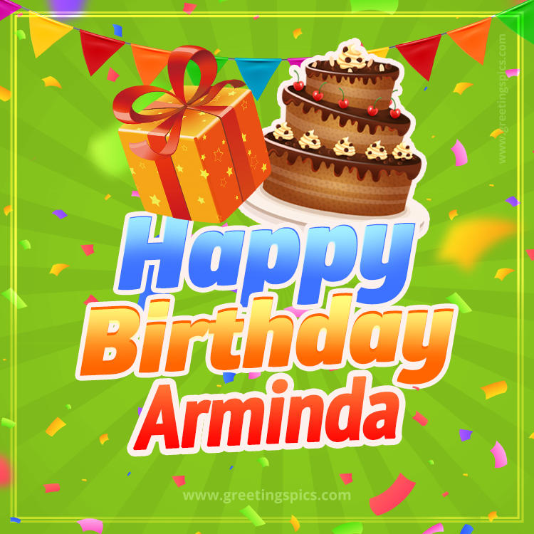 Happy Birthday Arminda picture with flags, chocolate cake and gift box (square shape image)