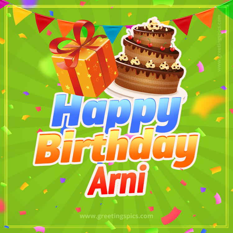 Happy Birthday Arni picture with flags, chocolate cake and gift box (square shape image)