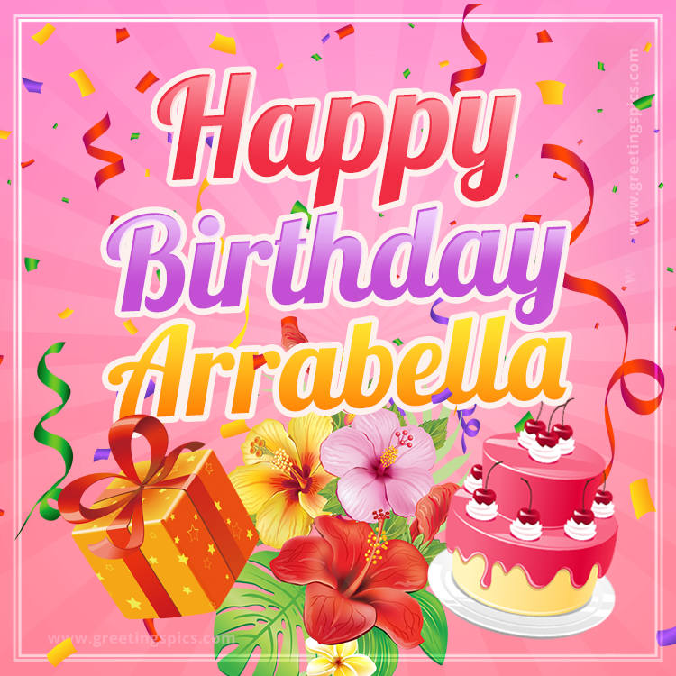 Beautiful Birthday Card for Arrabella with Cake and bouquet of flowers (square shape image)