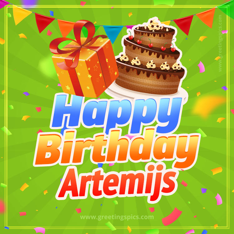 Happy Birthday Artemijs picture with flags, chocolate cake and gift box (square shape image)