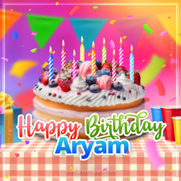 Happy Birthday Aryam Colorful Image with fruit cake and candles (square shape image)