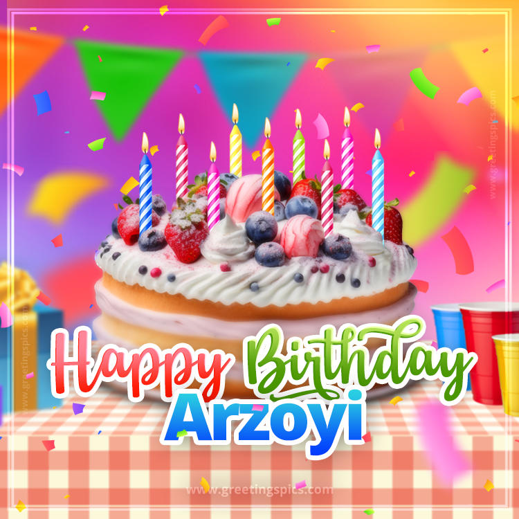 Happy Birthday Arzoyi Colorful Image with fruit cake and candles (square shape image)