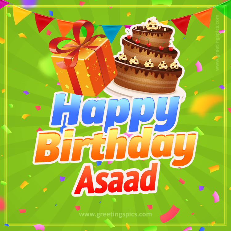 Happy Birthday Asaad picture with flags, chocolate cake and gift box (square shape image)