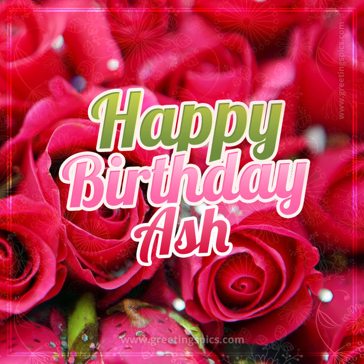 Happy Birthday Ash beautiful Image with red roses (square shape image)