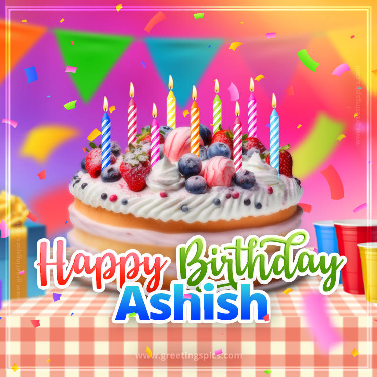 Happy Birthday Ashish Colorful Image with fruit cake and candles (square shape image)