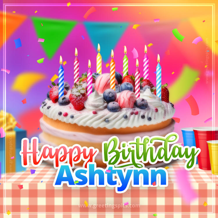 Happy Birthday Ashtynn Colorful Image with fruit cake and candles (square shape image)