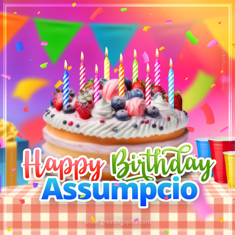 Happy Birthday Assumpcio Colorful Image with fruit cake and candles (square shape image)