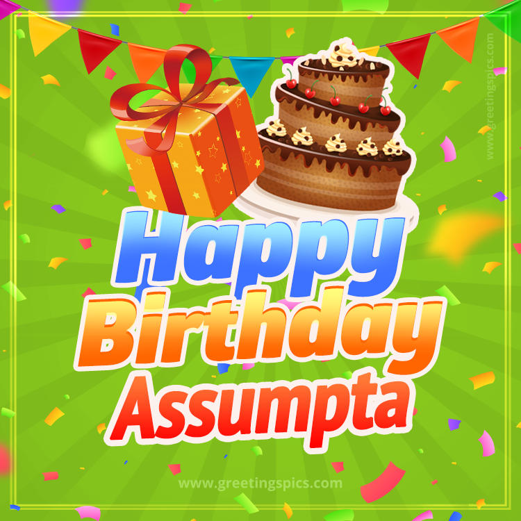 Happy Birthday Assumpta picture with flags, chocolate cake and gift box (square shape image)