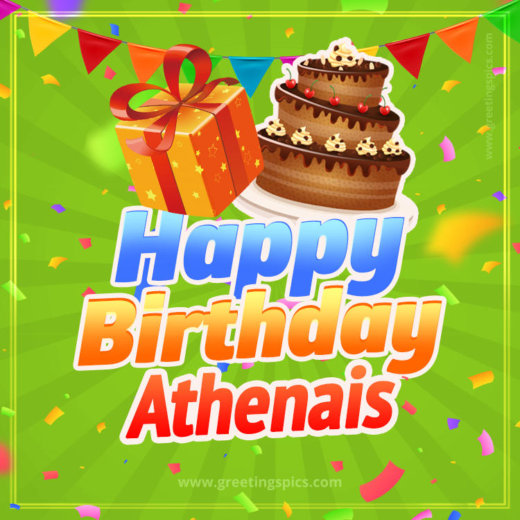 Happy Birthday Athenais picture with flags, chocolate cake and gift box (square shape image)