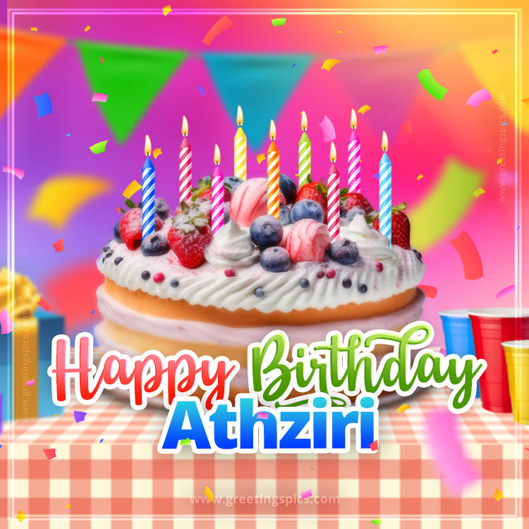 Happy Birthday Athziri Colorful Image with fruit cake and candles (square shape image)