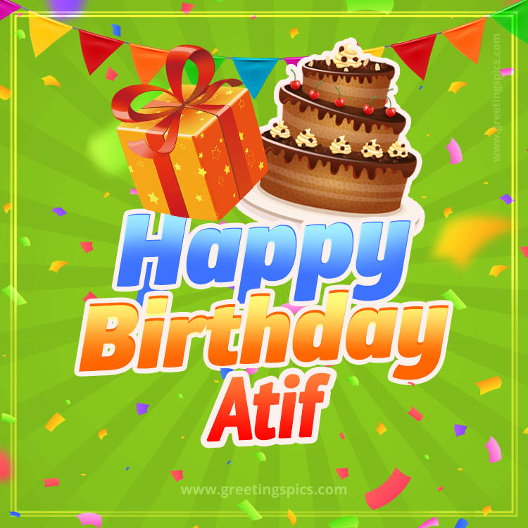 Happy Birthday Atif picture with flags, chocolate cake and gift box (square shape image)