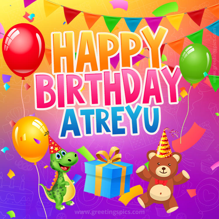 Happy Birthday Atreyu Image for a child with cute baby dinosaur and bear (square shape image)