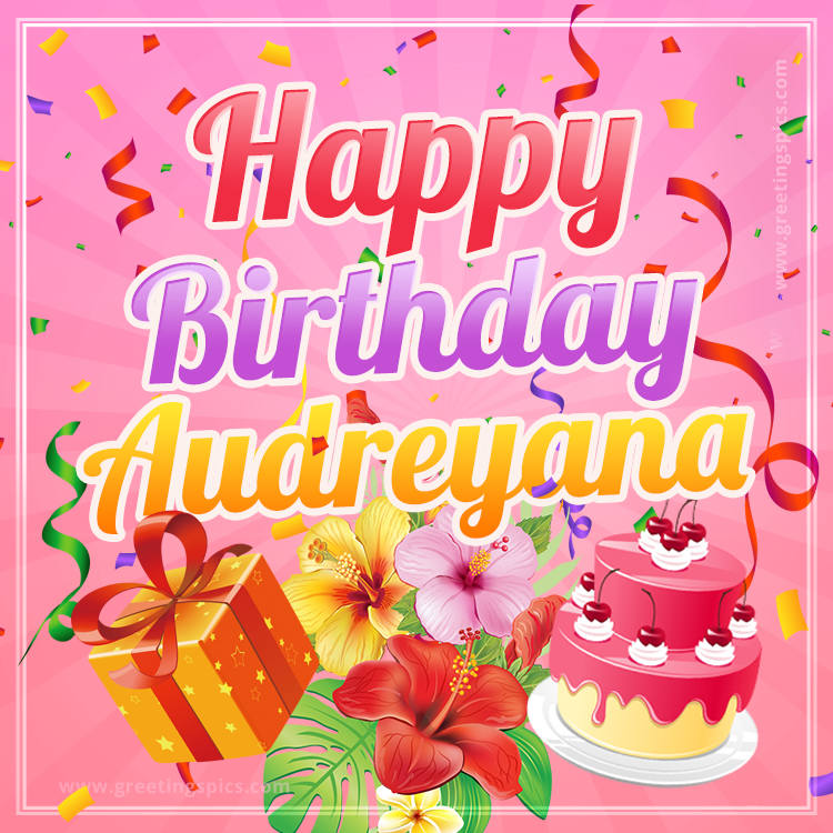 Beautiful Birthday Card for Audreyana with Cake and bouquet of flowers (square shape image)