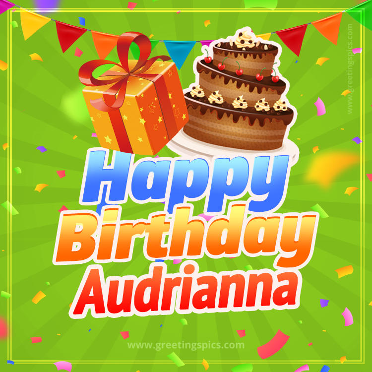 Happy Birthday Audrianna picture with flags, chocolate cake and gift box (square shape image)