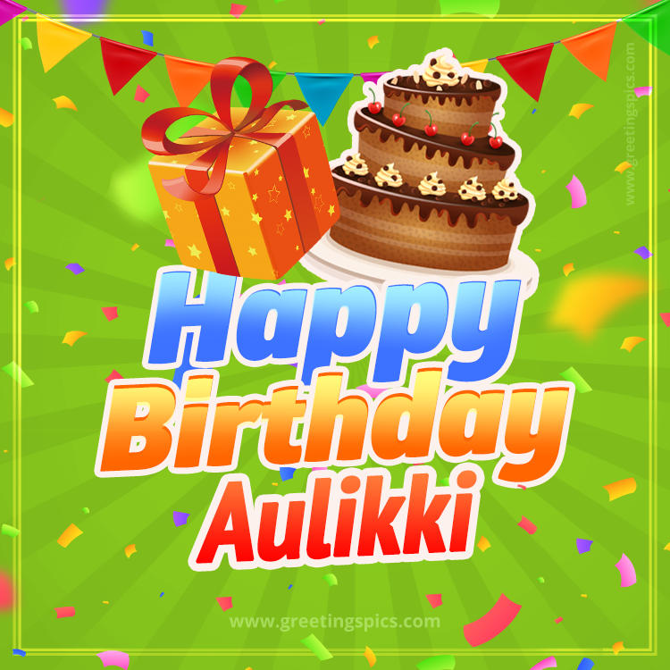 Happy Birthday Aulikki picture with flags, chocolate cake and gift box (square shape image)